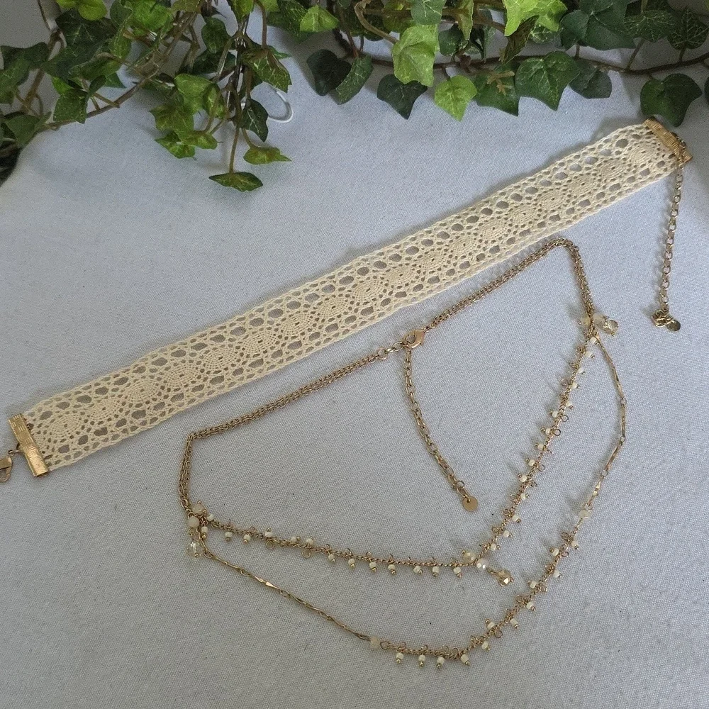 Double Choker Necklace Set Crochet and Double Strand Chain - Picture 5 of 11